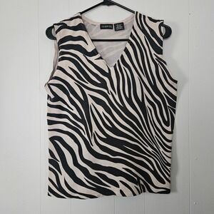 Zebra Print Tank Top Women Large V-Neck Silk Blend